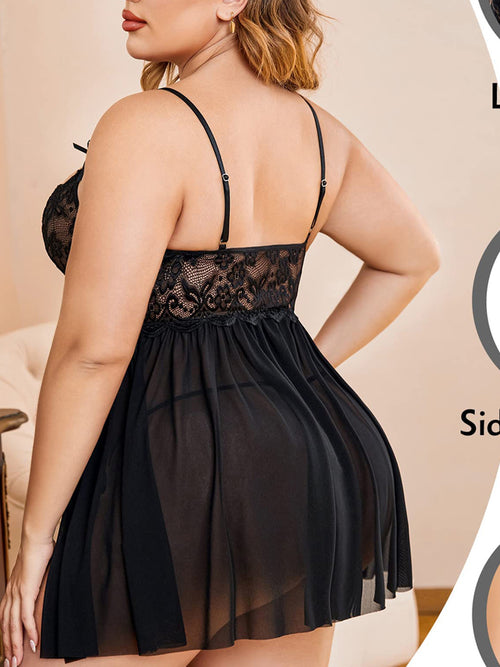 SARA-SI Black Lace Plus Size Babydoll Night Dress – Soft Mesh Deep Neck Sexy Nightwear