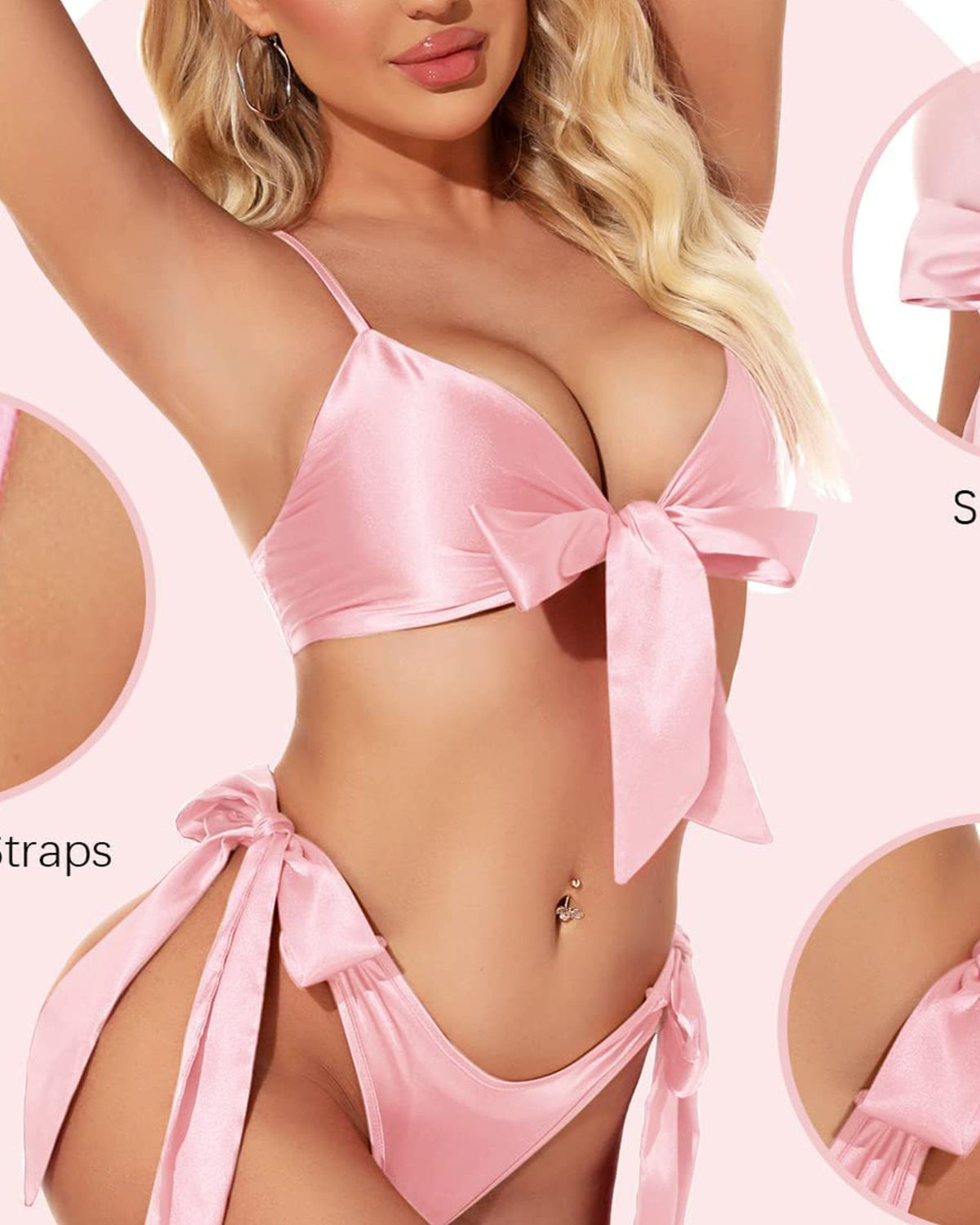 SARA-SI Women’s Satin Bikini Set – Pink Bow Tie Bralette & Side-Tie Bikini Bottoms Lingerie Set