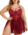 SARA-SI Wine Red Lace Plus Size Babydoll Night Dress – Soft Mesh Deep Neck Sexy Nightwear