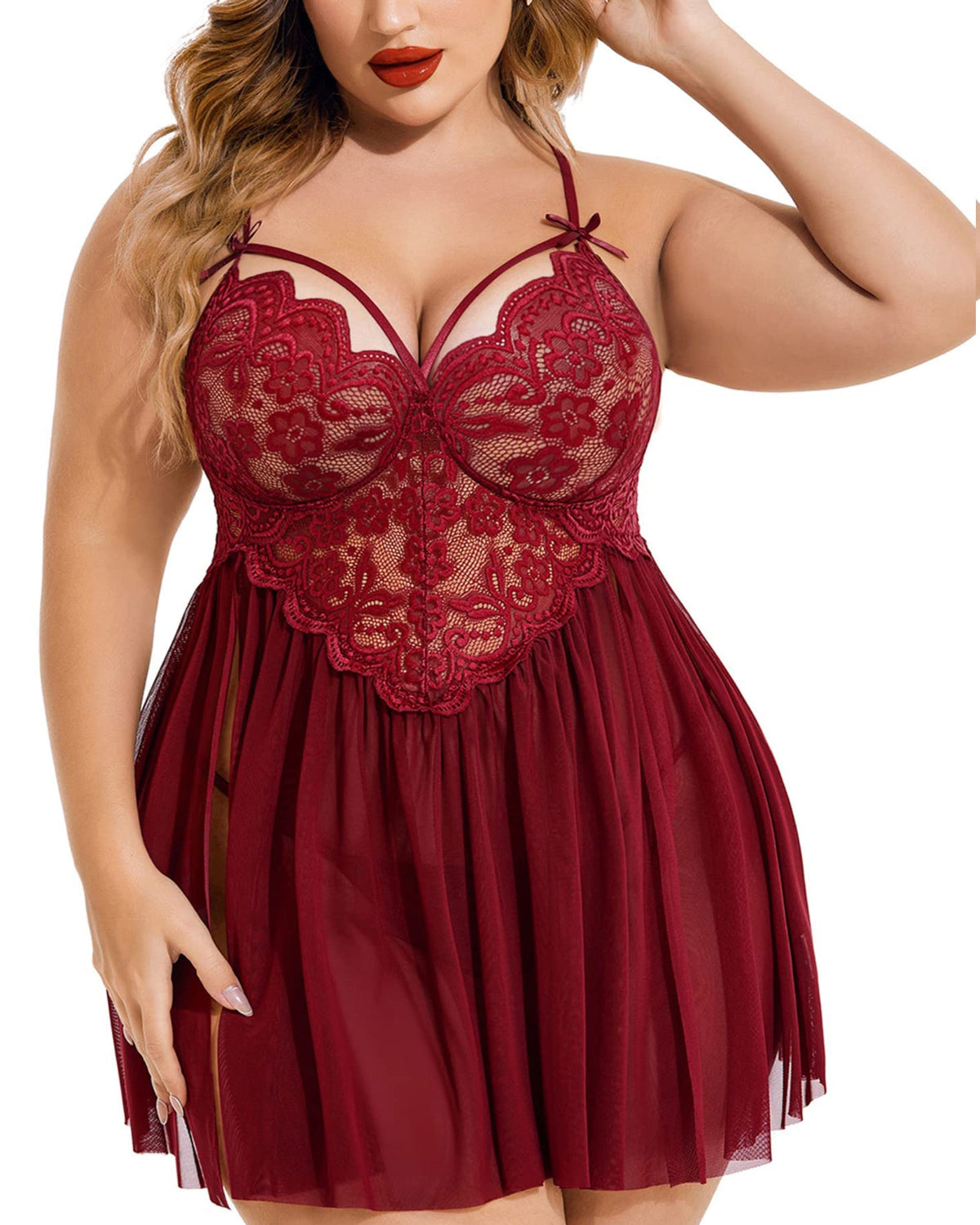 SARA-SI Wine Red Lace Plus Size Babydoll Night Dress – Soft Mesh Deep Neck Sexy Nightwear