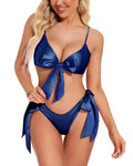 SARA-SI Women’s Satin Bikini Set – Navy Blue Bow Tie Bralette & Side-Tie Bikini Bottoms Lingerie Set