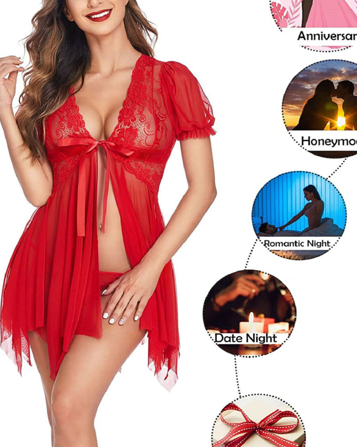 SARA-SI Women’s Red Lace Babydoll Lingerie | Nightwear with Deep V Neck & Bow Tie (Copy)