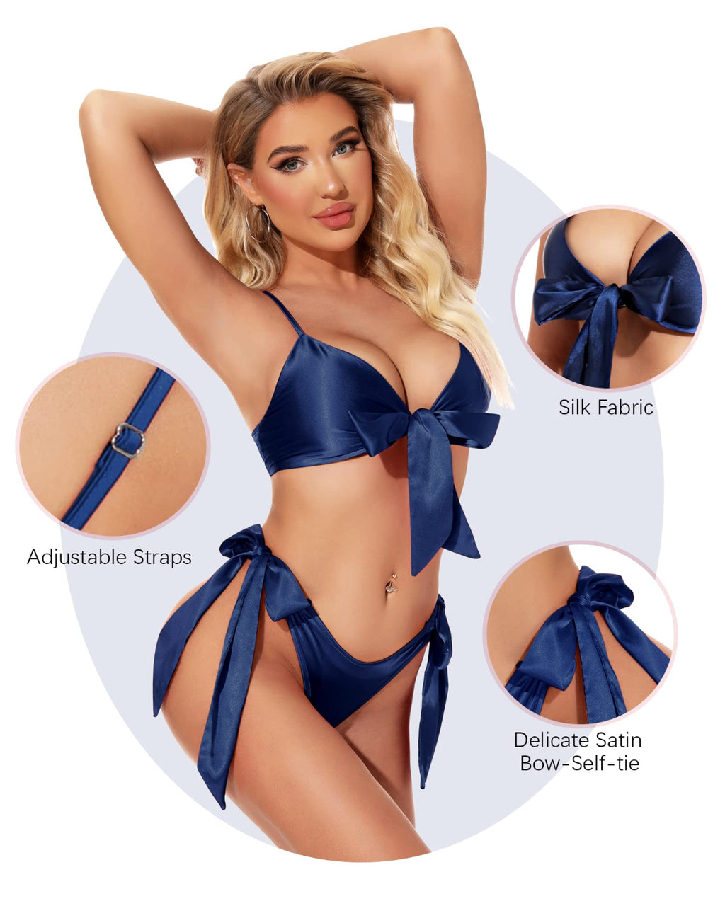 SARA-SI Women’s Satin Bikini Set – Navy Blue Bow Tie Bralette & Side-Tie Bikini Bottoms Lingerie Set
