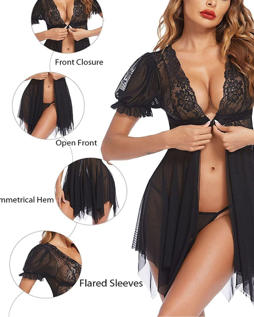 SARA-SI Women’s Black Lace Babydoll Lingerie | Nightwear with Deep V Neck & Bow Tie