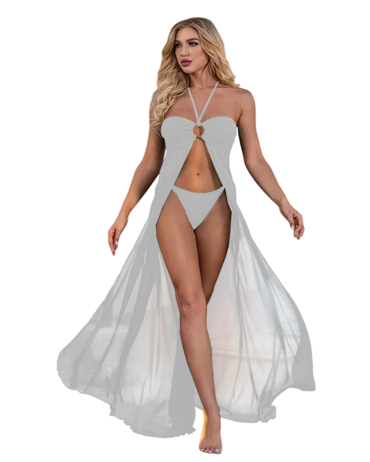 SARA-SI White Halter Neck Sheer Maxi Night Dress with Bikini Set – Sexy Beachwear & Nightwear