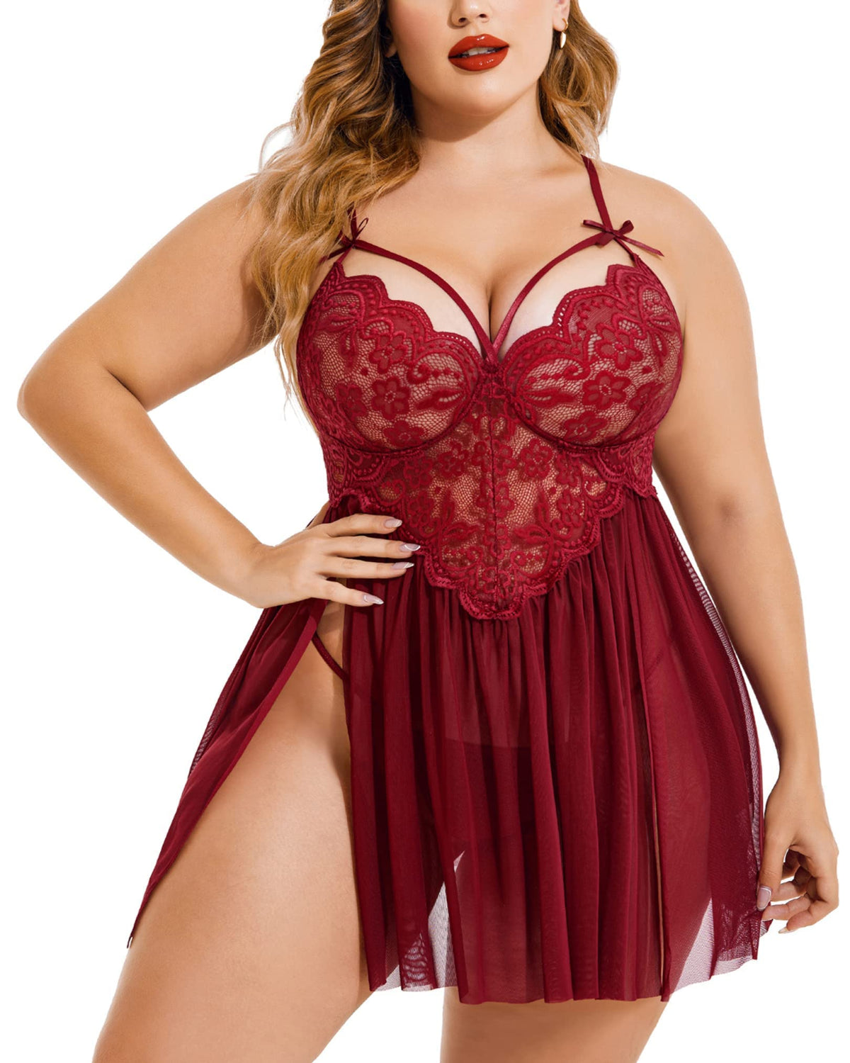 SARA-SI Wine Red Lace Plus Size Babydoll Night Dress – Soft Mesh Deep Neck Sexy Nightwear