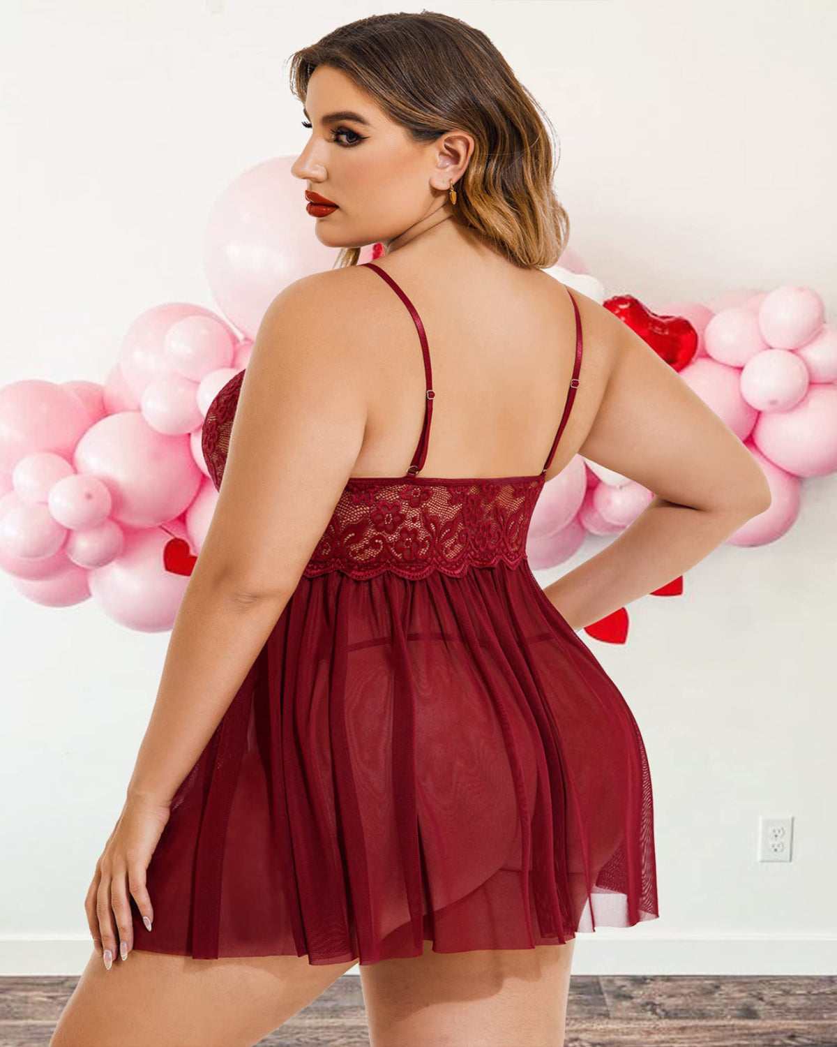 SARA-SI Wine Red Lace Plus Size Babydoll Night Dress – Soft Mesh Deep Neck Sexy Nightwear