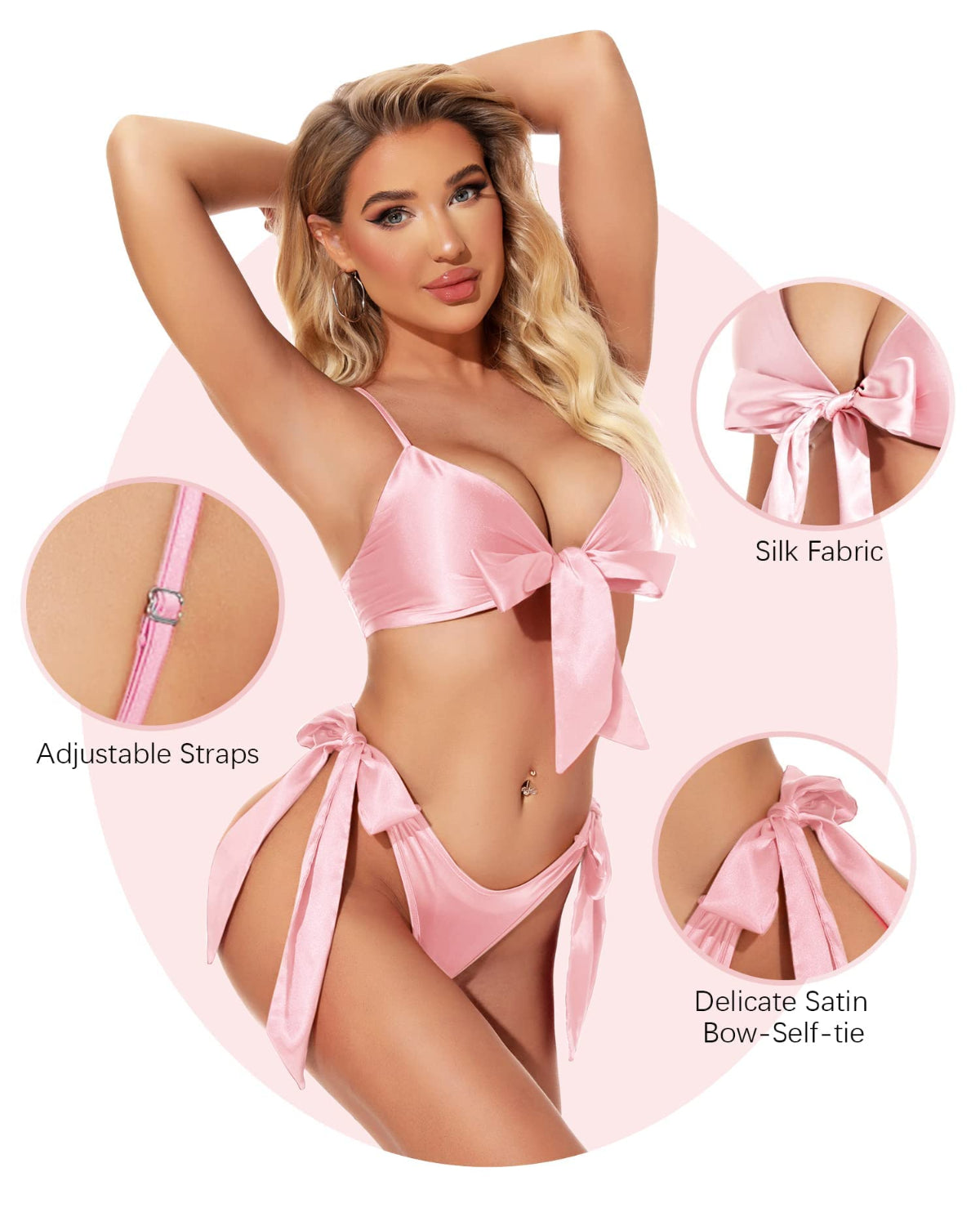 SARA-SI Women’s Satin Bikini Set – Pink Bow Tie Bralette & Side-Tie Bikini Bottoms Lingerie Set