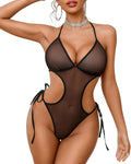 SARA-SI Women’s Black Sheer Cut-Out Bodysuit – Halter Neck Mesh Lingerie with Side Tie Design