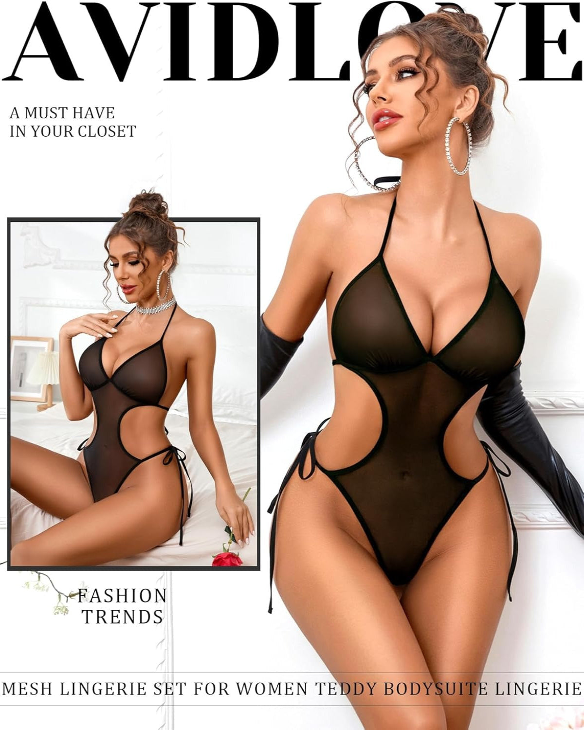 SARA-SI Women’s Black Sheer Cut-Out Bodysuit – Halter Neck Mesh Lingerie with Side Tie Design