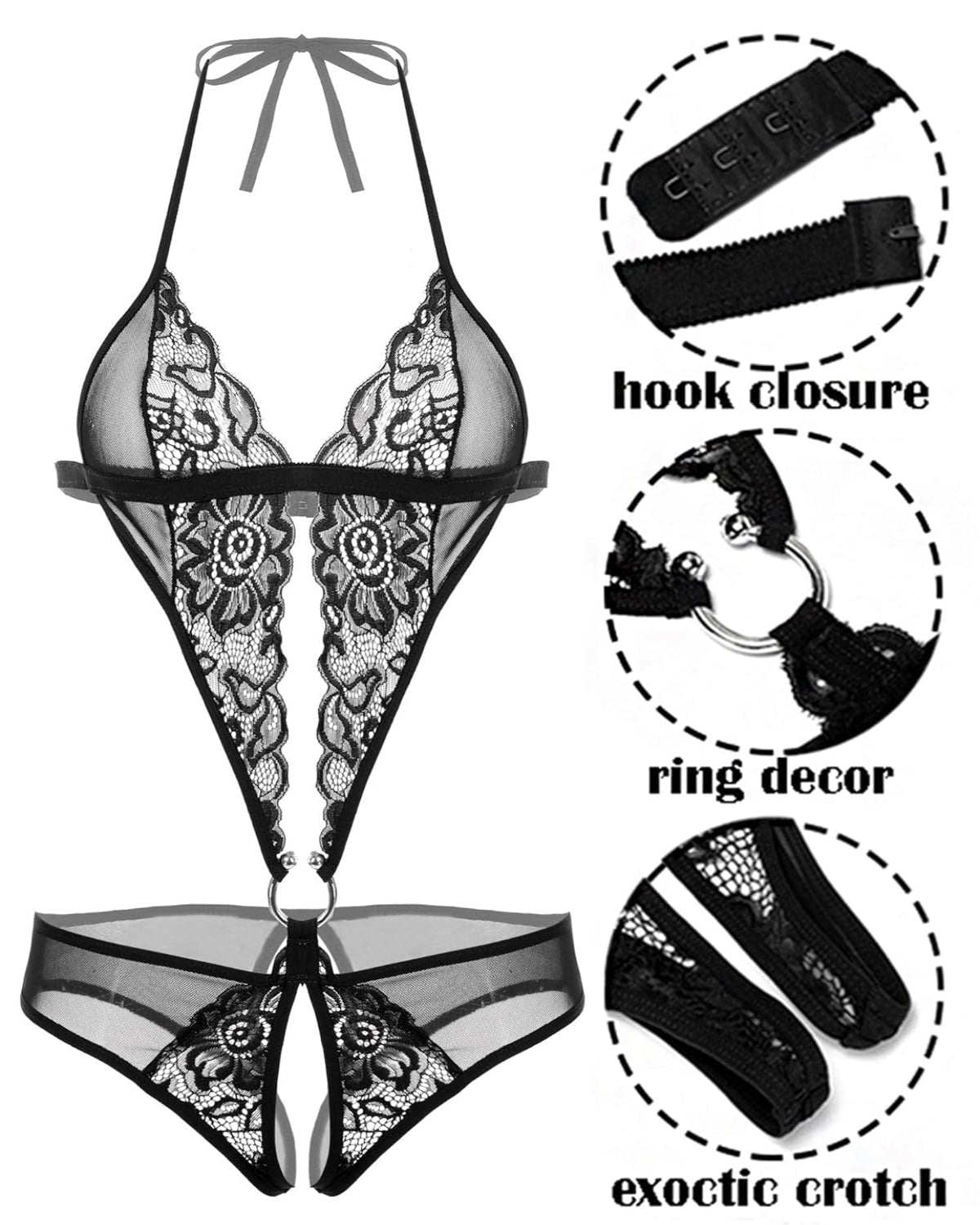 SARA - SI Black Lace Halter Neck Lingerie Set for Women – Sexy Mesh Teddy & Panty Nightwear - Sara - SI Couture LLP