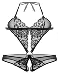 SARA - SI Black Lace Halter Neck Lingerie Set for Women – Sexy Mesh Teddy & Panty Nightwear - Sara - SI Couture LLP