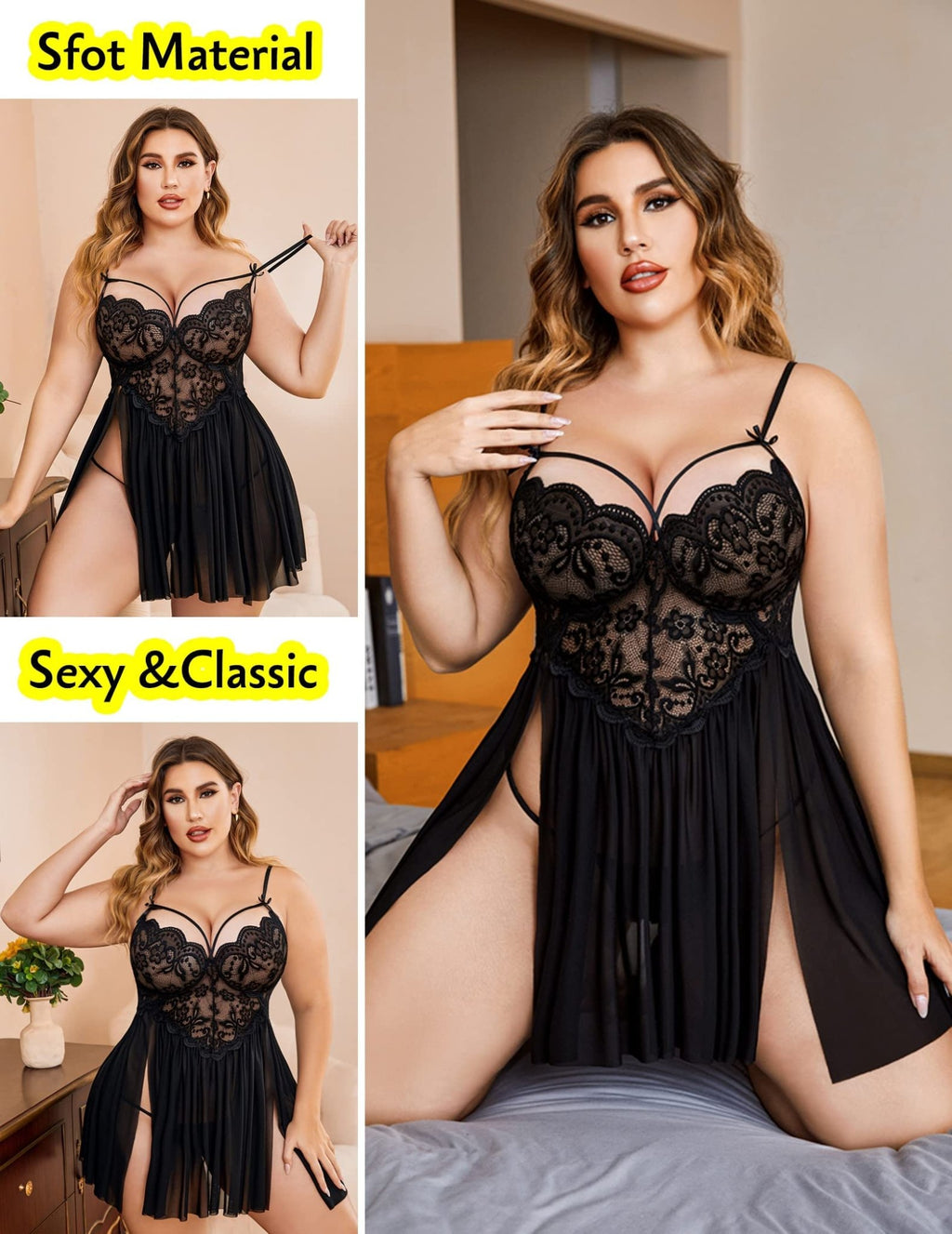 SARA - SI Black Lace Plus Size Babydoll Night Dress – Soft Mesh Deep Neck Sexy Nightwear - Sara - SI Couture LLPSARA - SI Black Lace Plus Size Babydoll Night Dress – Soft Mesh Deep Neck Sexy NightwearSara - SI Couture LLPSara - SI Couture LLP