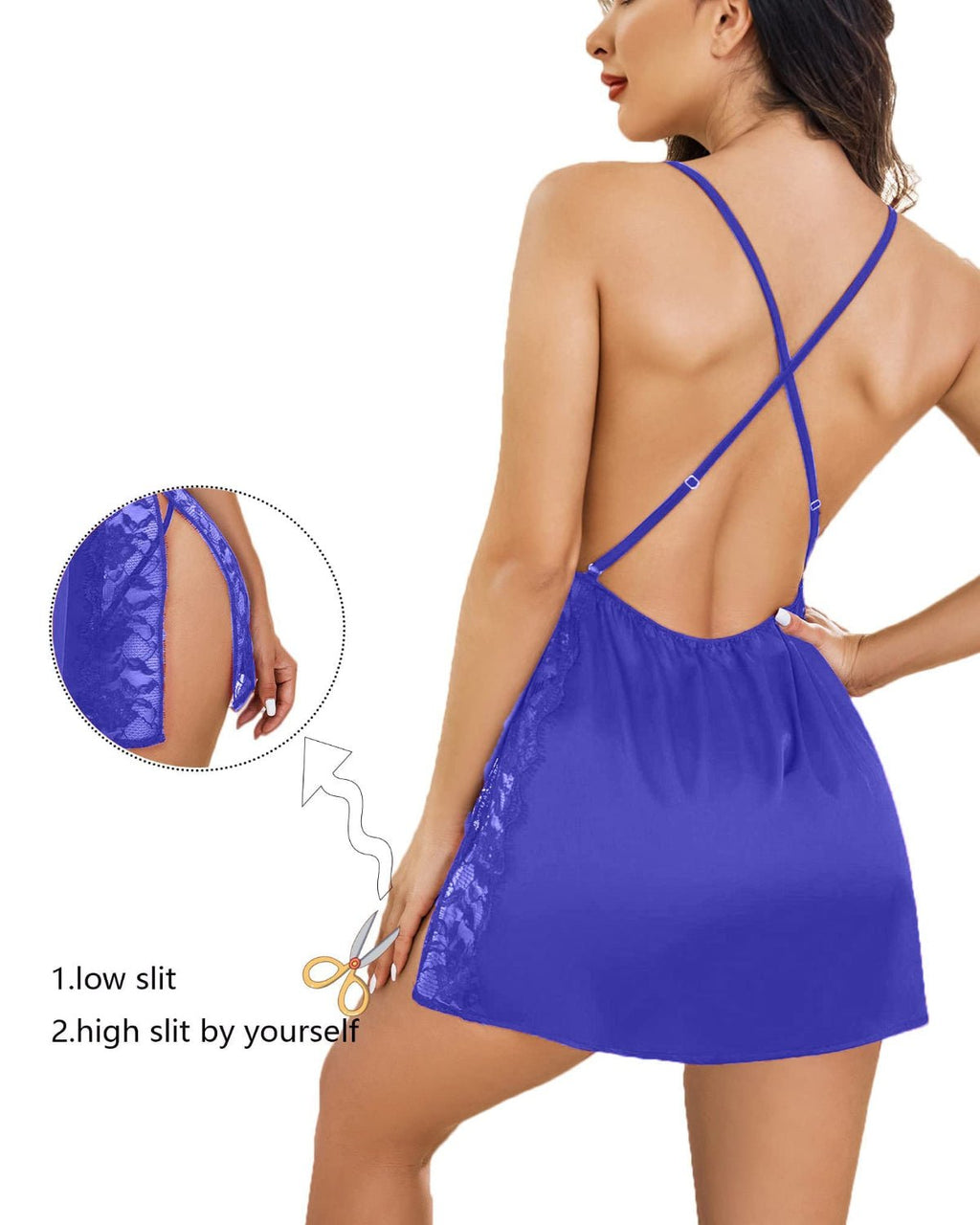 SARA - SI Royal Blue Lace Babydoll Night Dress – Soft Mesh Sleeveless Deep V Neck Nightwear - Sara - SI Couture LLP