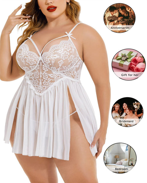 SARA - SI White Lace Babydoll Lingerie for Women | Plus Size Sexy Nightwear Dress | Honeymoon & Bridal Wear - Sara - SI Couture LLP