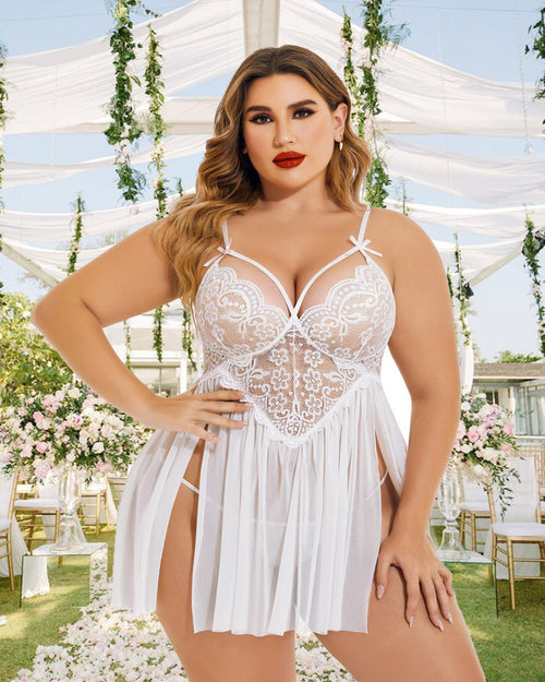 SARA - SI White Lace Babydoll Lingerie for Women | Plus Size Sexy Nightwear Dress | Honeymoon & Bridal Wear - Sara - SI Couture LLP