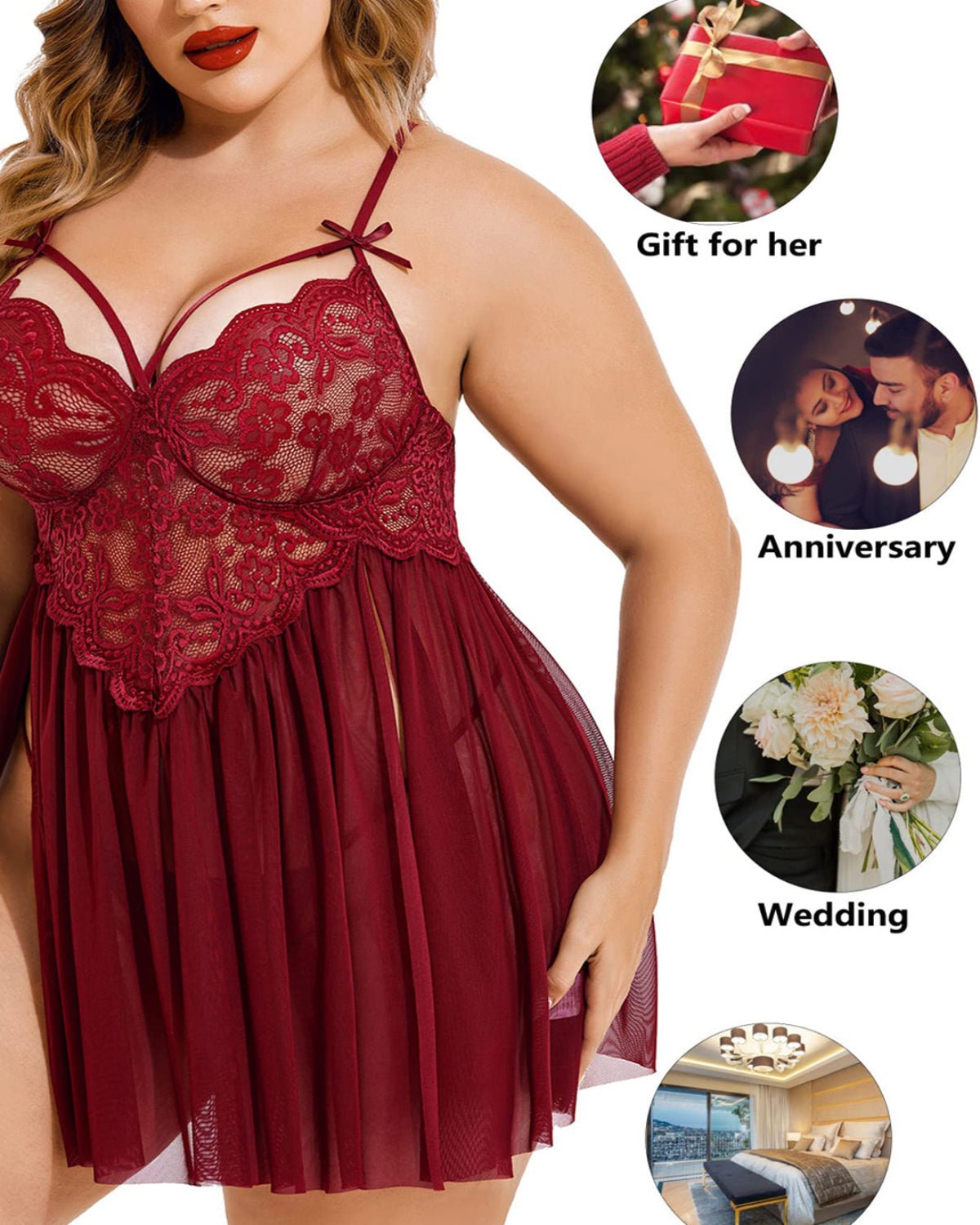 SARA - SI Wine Red Lace Plus Size Babydoll Night Dress – Soft Mesh Deep Neck Sexy Nightwear - Sara - SI Couture LLP