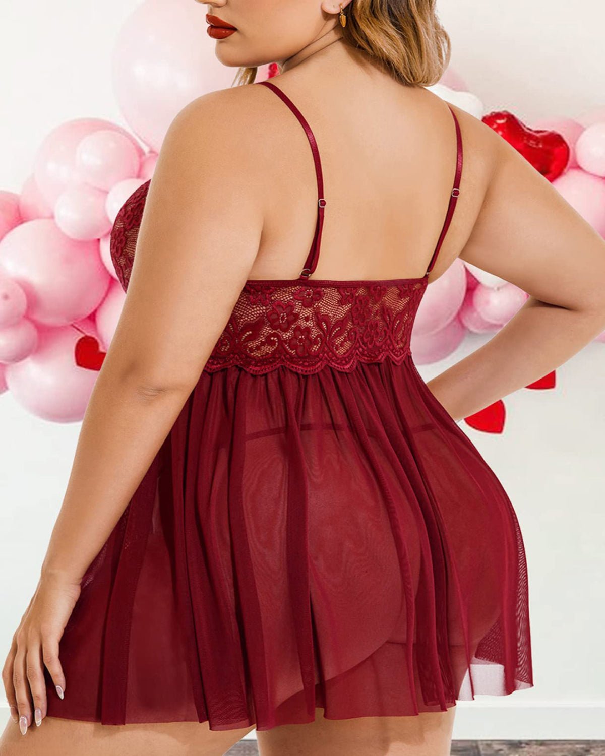SARA - SI Wine Red Lace Plus Size Babydoll Night Dress – Soft Mesh Deep Neck Sexy Nightwear - Sara - SI Couture LLP