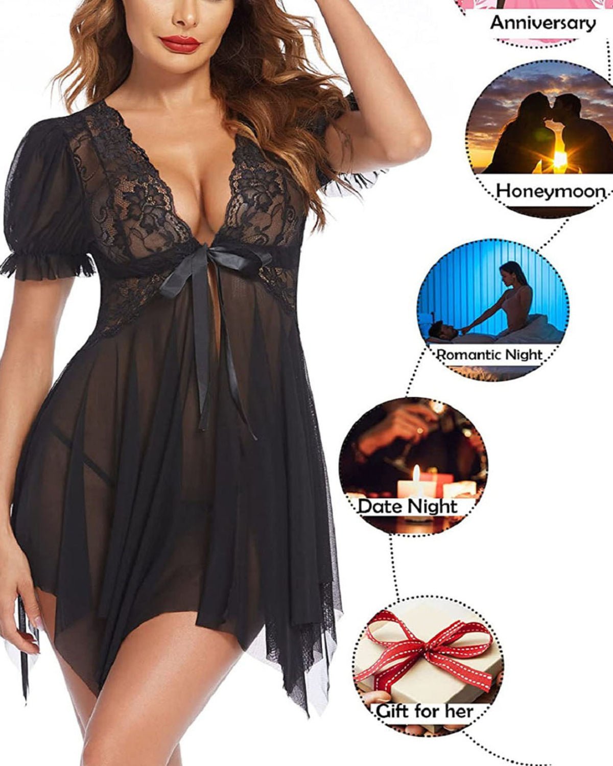 SARA - SI Women’s Black Lace Babydoll Lingerie | Nightwear with Deep V Neck & Bow Tie - Sara - SI Couture LLP