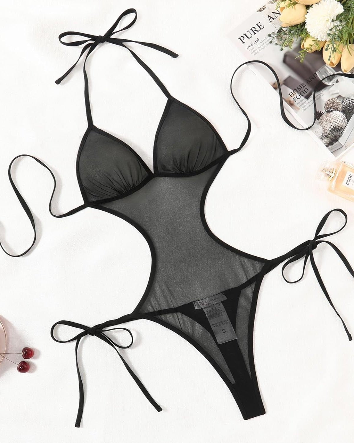 SARA - SI Women’s Black Sheer Cut - Out Bodysuit – Halter Neck Mesh Lingerie with Side Tie Design - Sara - SI Couture LLP