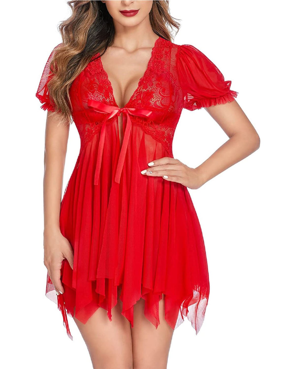 SARA - SI Women’s Red Lace Babydoll Lingerie | Nightwear with Deep V Neck & Bow Tie (Copy) - Sara - SI Couture LLP