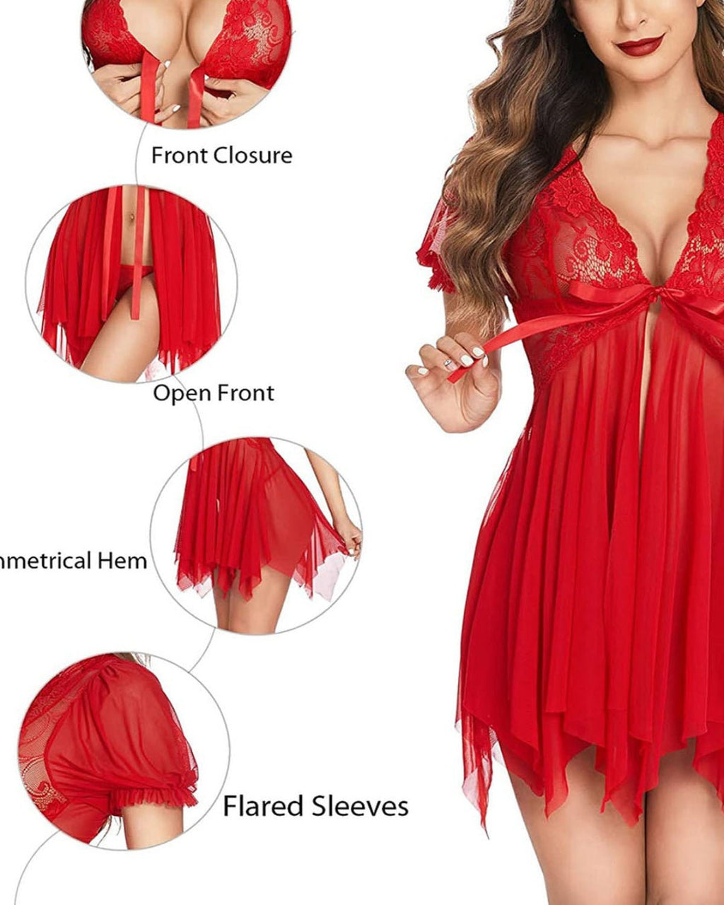 SARA - SI Women’s Red Lace Babydoll Lingerie | Nightwear with Deep V Neck & Bow Tie (Copy) - Sara - SI Couture LLP