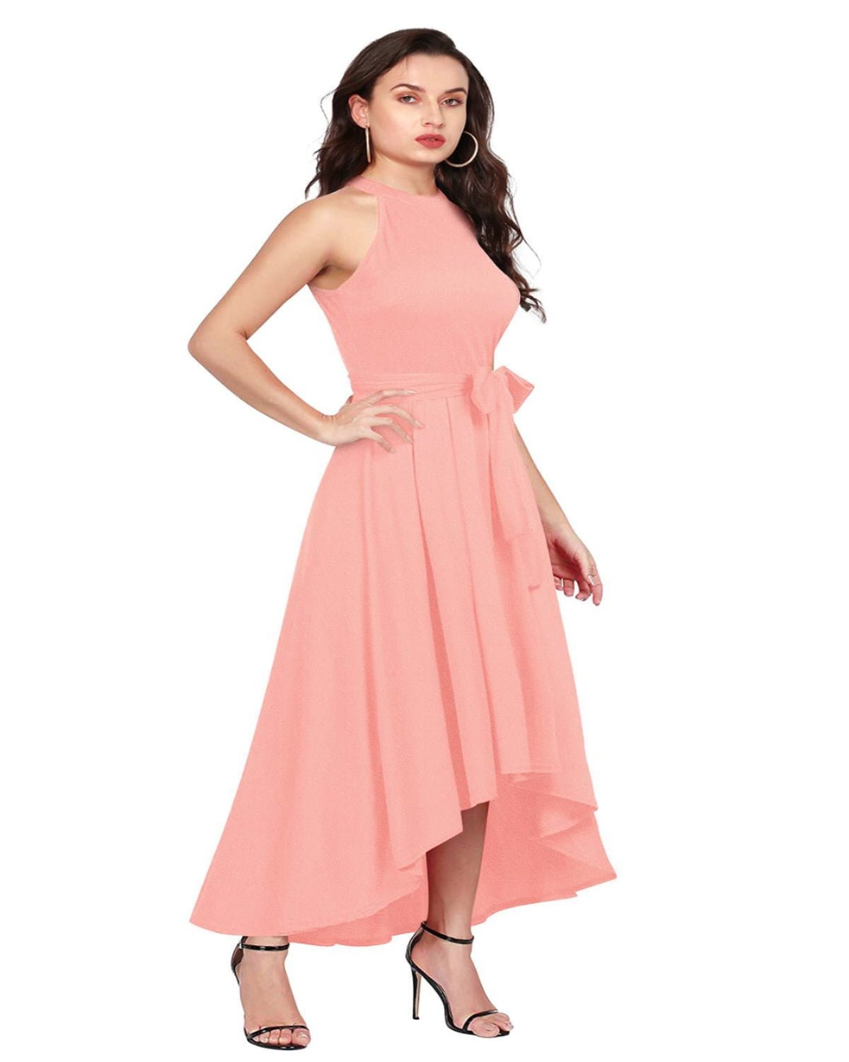 SARA - SI Women’s Solid Peach Halter Neck High - Low Maxi Dress with Waist Tie Belt - Sara - SI Couture LLPSARA - SI Women’s Solid Peach Halter Neck High - Low Maxi Dress with Waist Tie BeltSara - SI Couture LLPSara - SI Couture LLP