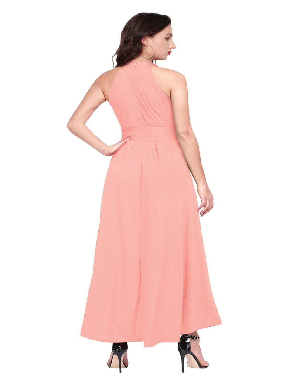SARA - SI Women’s Solid Peach Halter Neck High - Low Maxi Dress with Waist Tie Belt - Sara - SI Couture LLPSARA - SI Women’s Solid Peach Halter Neck High - Low Maxi Dress with Waist Tie BeltSara - SI Couture LLPSara - SI Couture LLP
