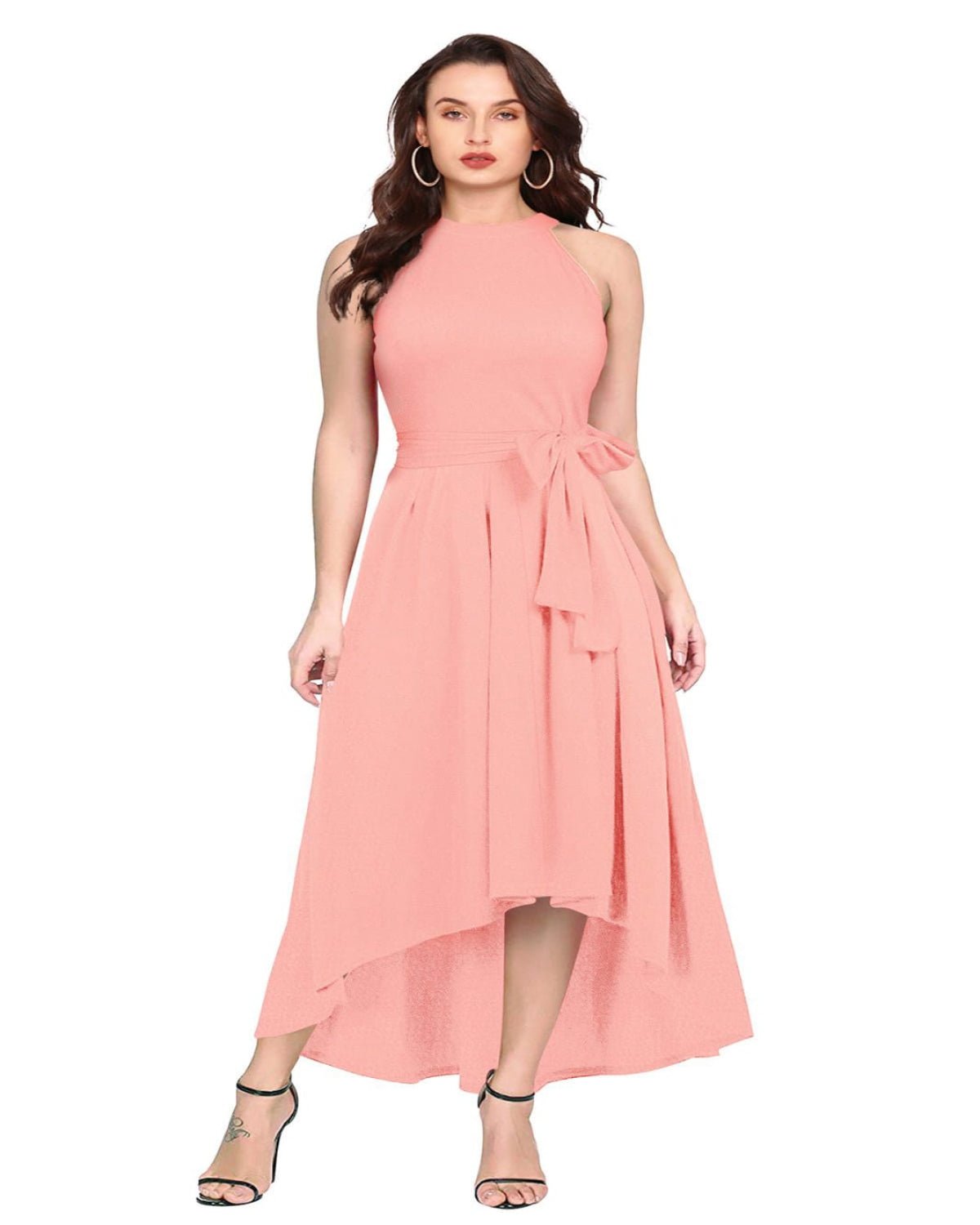 SARA - SI Women’s Solid Peach Halter Neck High - Low Maxi Dress with Waist Tie Belt - Sara - SI Couture LLPSARA - SI Women’s Solid Peach Halter Neck High - Low Maxi Dress with Waist Tie BeltSara - SI Couture LLPSara - SI Couture LLP