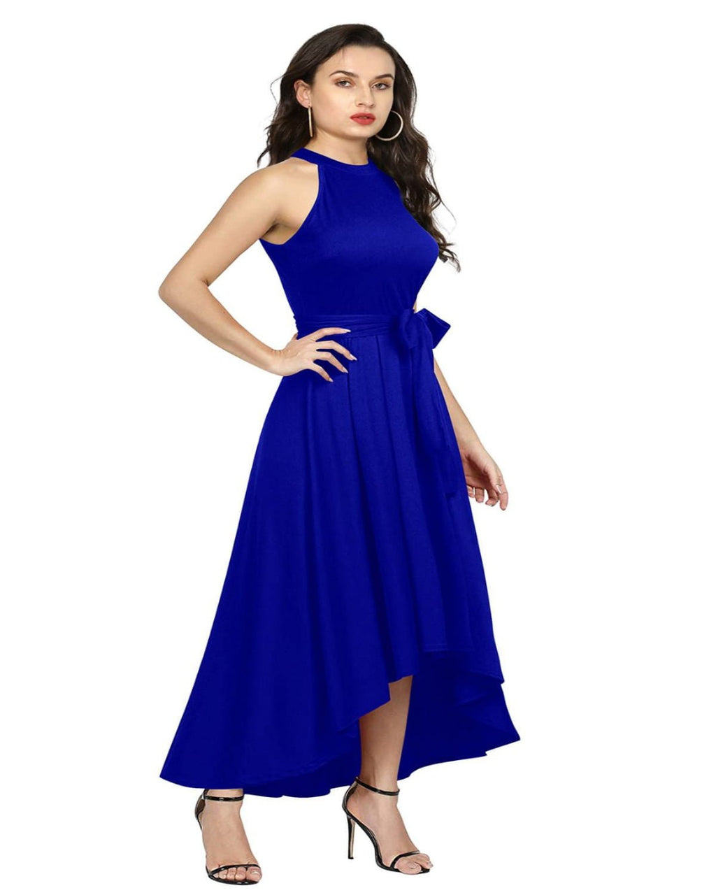 Woman wearing a blue sleeveless dress on a white background
