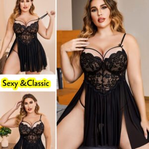 Women’s Black Lace Babydoll Nightwear | Sheer Mesh Lingerie Dress with Adjustable Straps