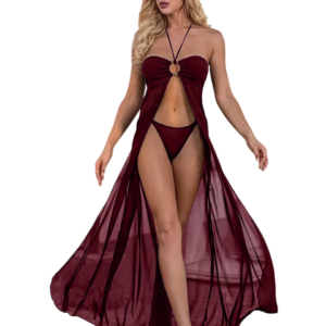 Maroon Sheer Mesh Long Cover-Up Dress with Front Split & Matching Panty Set