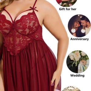 Elegant Maroon Lace Babydoll Lingerie Nightwear with Matching Panty