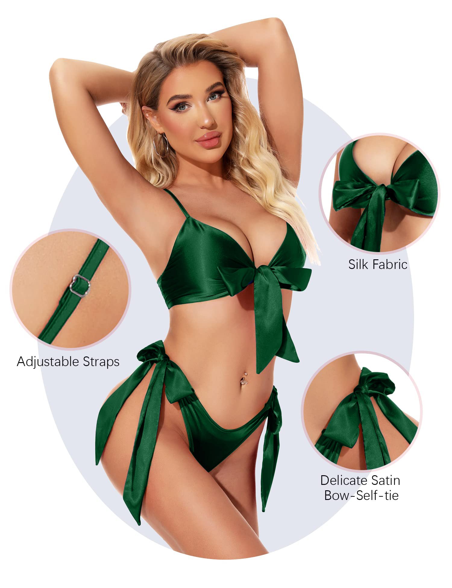 Women's Emerald Green Satin-Look Bow-Tie Bikini Set