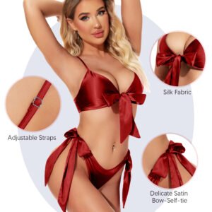 Women's  Red Satin-Look Bow-Tie Bikini Set