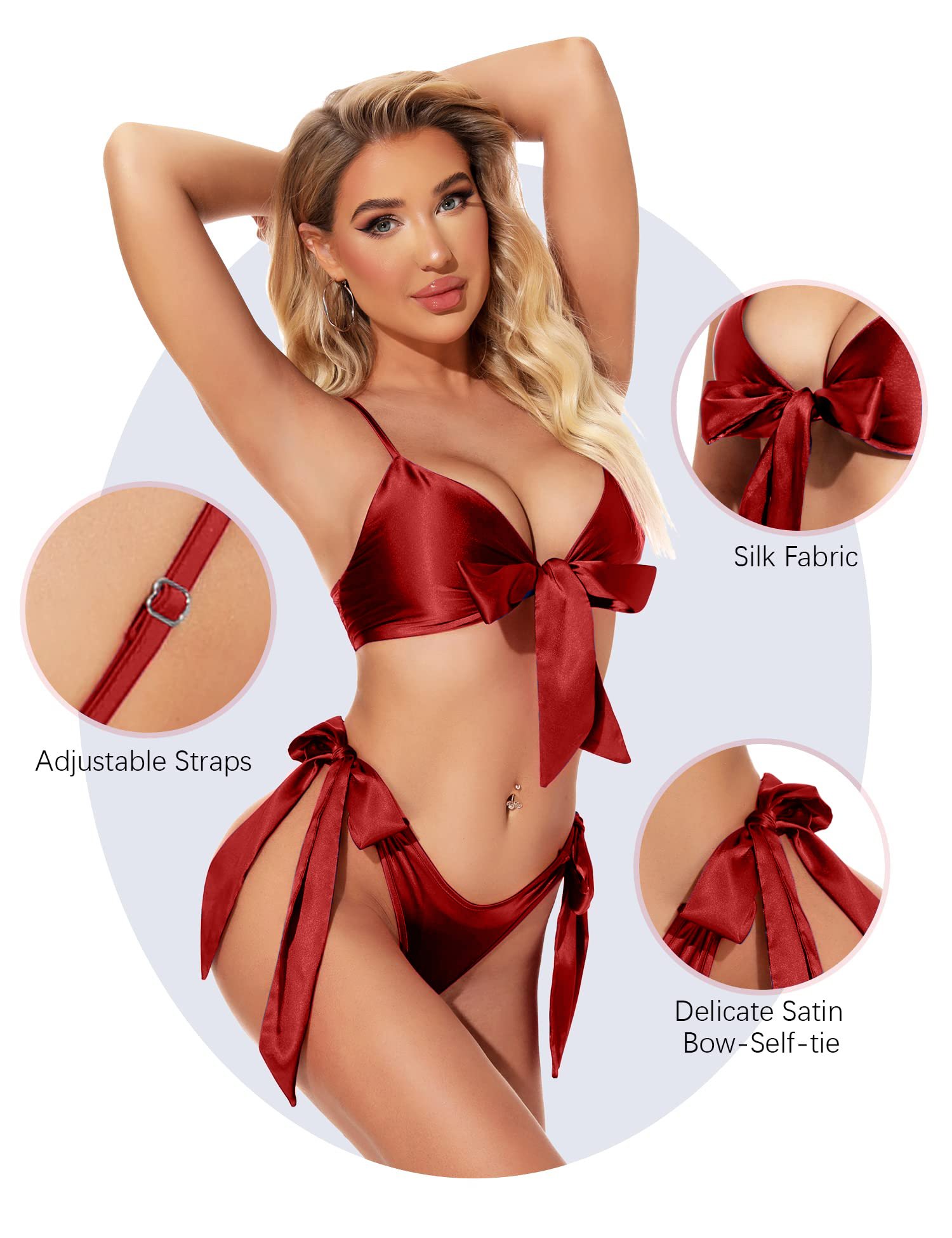 Women's Red Satin-Look Bow-Tie Bikini Set