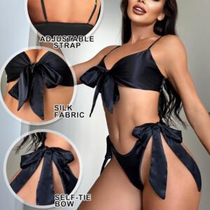 Women's Black Silk-Look Lingerie Set with Adjustable Straps and Self-Tie Bows