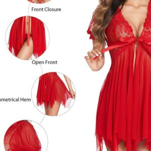 Passionate Red Short-Sleeve Lace Front-Tie Babydoll Nightwear Set