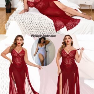 Glamorous Maroon Lace Long Gown Babydoll Lingerie Nightwear with High Slits