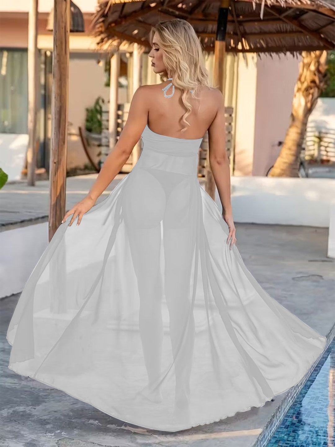White Sheer Mesh Long Cover-Up Dress with Front Split & Matching Panty Set - Image 11