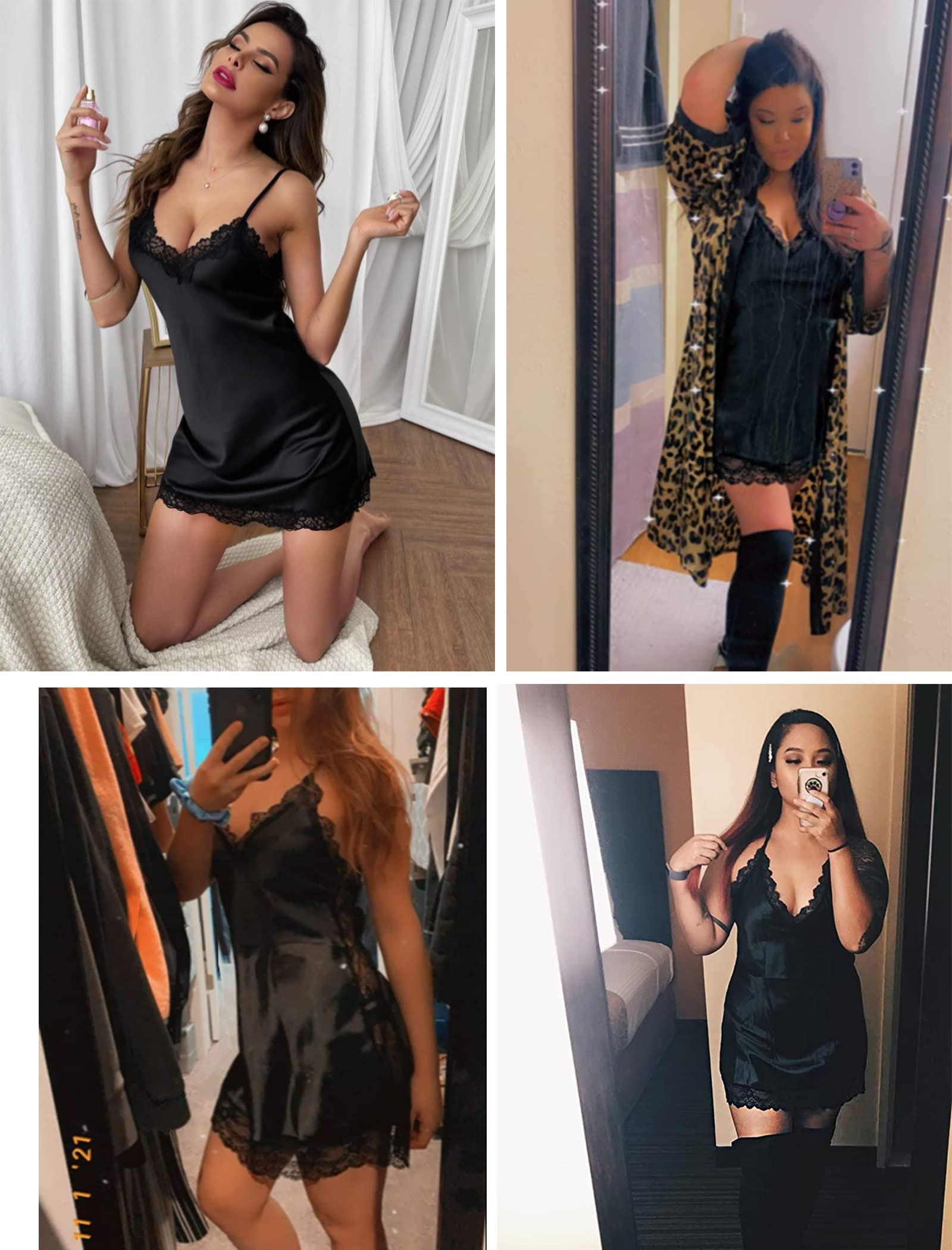 Women's Black Satin Slip Nightdress with Lace Trim - Image 4