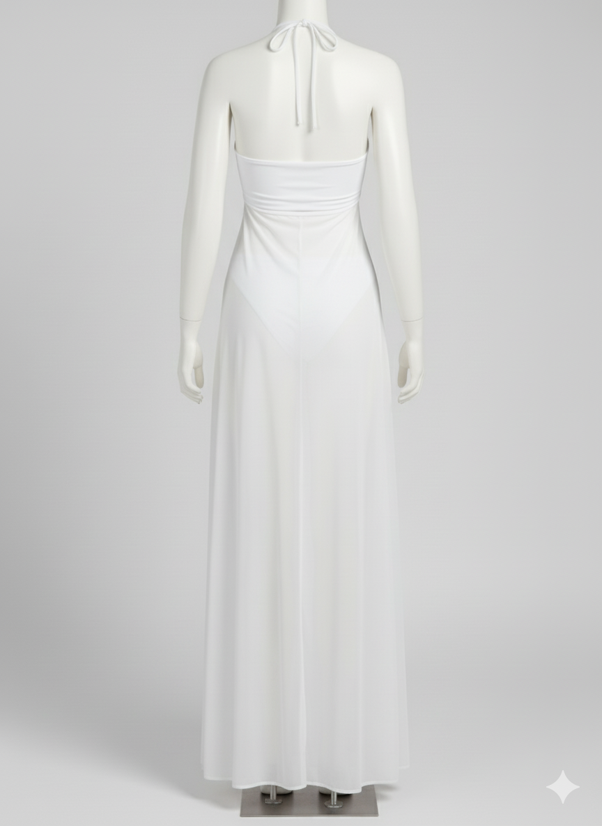 White Sheer Mesh Long Cover-Up Dress with Front Split & Matching Panty Set - Image 9