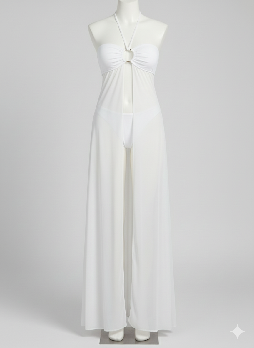 White Sheer Mesh Long Cover-Up Dress with Front Split & Matching Panty Set - Image 8