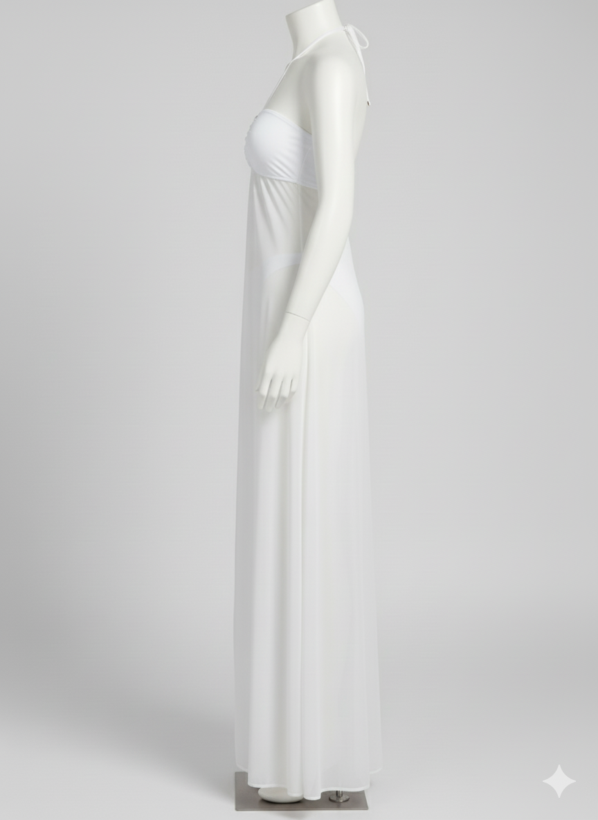 White Sheer Mesh Long Cover-Up Dress with Front Split & Matching Panty Set - Image 7