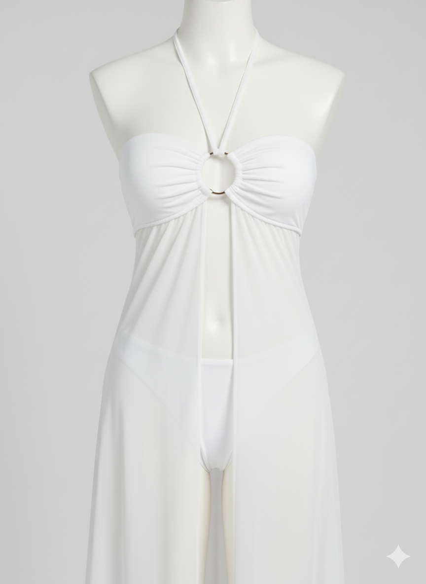 White Sheer Mesh Long Cover-Up Dress with Front Split & Matching Panty Set - Image 6