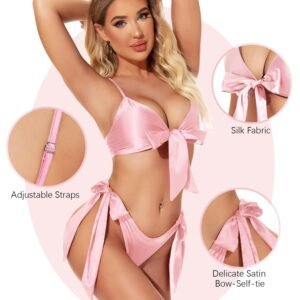 Women's Light Pink Satin-Look Bow-Tie Bikini Set