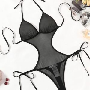 Seductive Black Sheer Mesh Cut-Out Monokini Teddy Lingerie with Side Ties