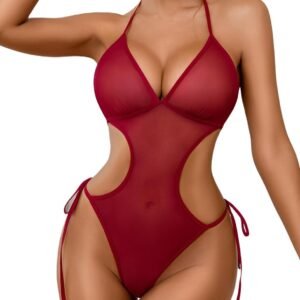 Seductive Maroon Sheer Mesh Cut-Out Monokini Teddy Lingerie with Side Ties