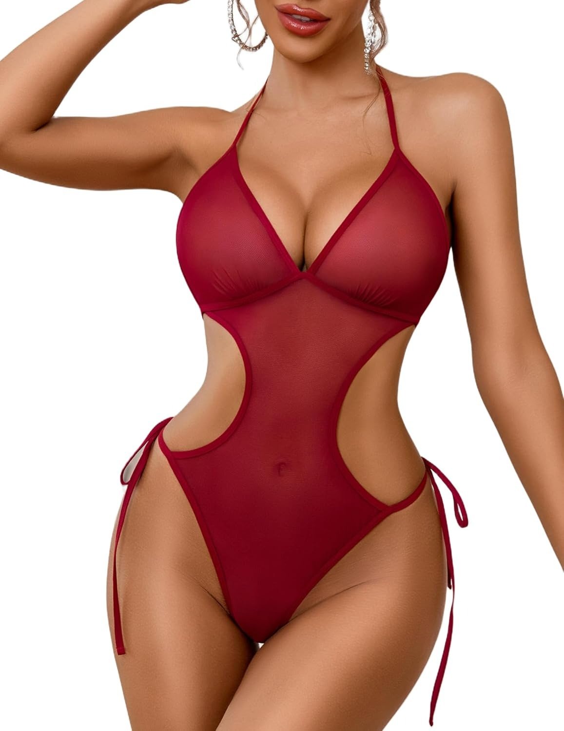 Seductive Maroon Sheer Mesh Cut-Out Monokini Teddy Lingerie with Side Ties