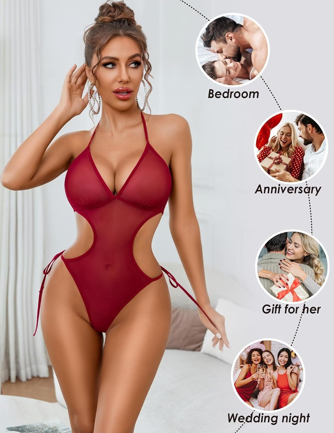 Seductive Maroon Sheer Mesh Cut-Out Monokini Teddy Lingerie with Side Ties - Image 3